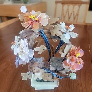 Vintage Mid Century Chinese Carved Jade, Agate & Quartz Flower Tree